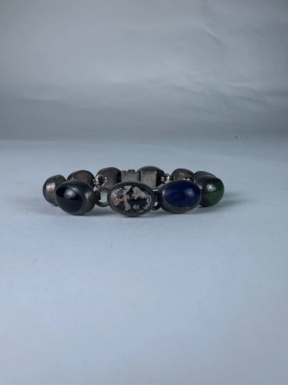 Vintage Taxco Mexico 925 Sterling Silver Multi-Stone Link Bracelet | Lapis